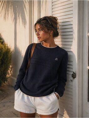 Navy & Cream Crewneck Sweater M | Minimalist Coastal Preppy Tennis Quiet Luxury